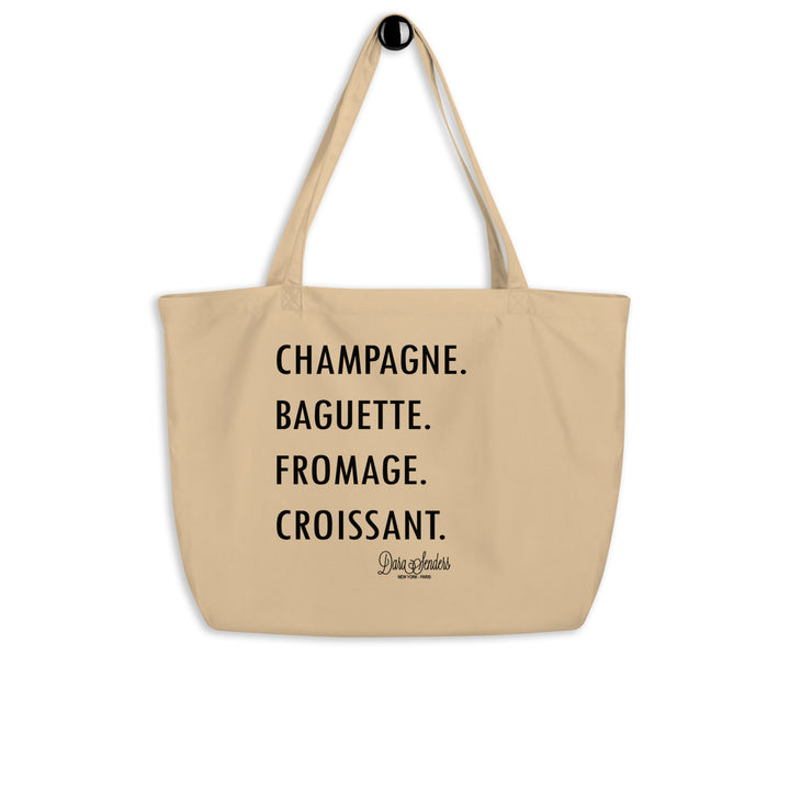 GOURMET LOVE (Champagne, Baguette, Fromage, Croissant) Tshirt -LARGE ORGANIC TOTE BAG